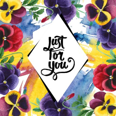 Sulu boya renkli viola çiçek. Botanik çiçek. Çerçeve kenarlığı süsleme Meydanı.