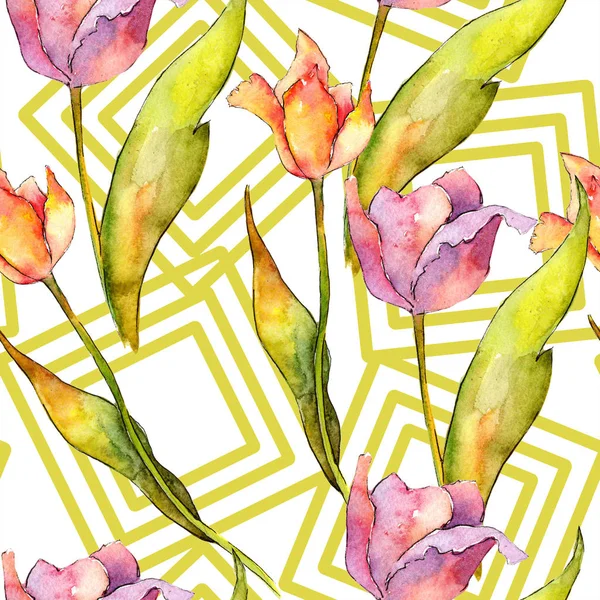 Akwarela tulipan różowy kwiat. Botaniczny kwiat kwiatowy. Bezszwowe tło wzór. — Zdjęcie stockowe