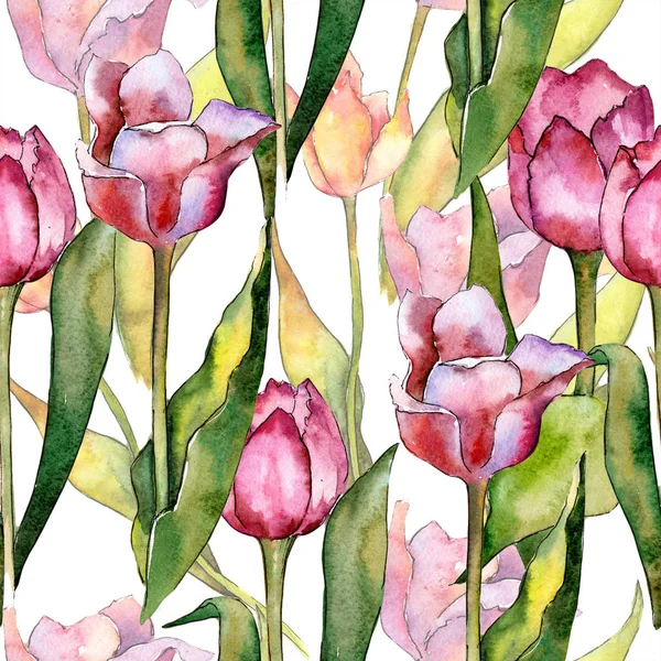 Акварель розовый цветок тюльпан. Цветочный ботанический цветок. Бесшовный рисунок фона . — стоковое фото
