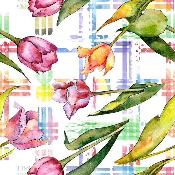 Watercolor pink tulip flower. Floral botanical flower. Seamless background pattern. — Stock Photo, Image