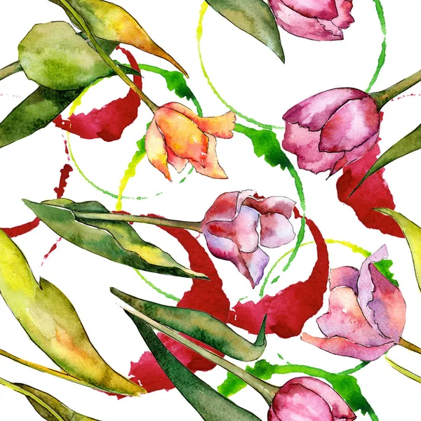 Ακουαρέλα ροζ tulip λουλούδι. Floral βοτανικό λουλούδι. Απρόσκοπτη υπόβαθρο μοτίβο. — Φωτογραφία Αρχείου