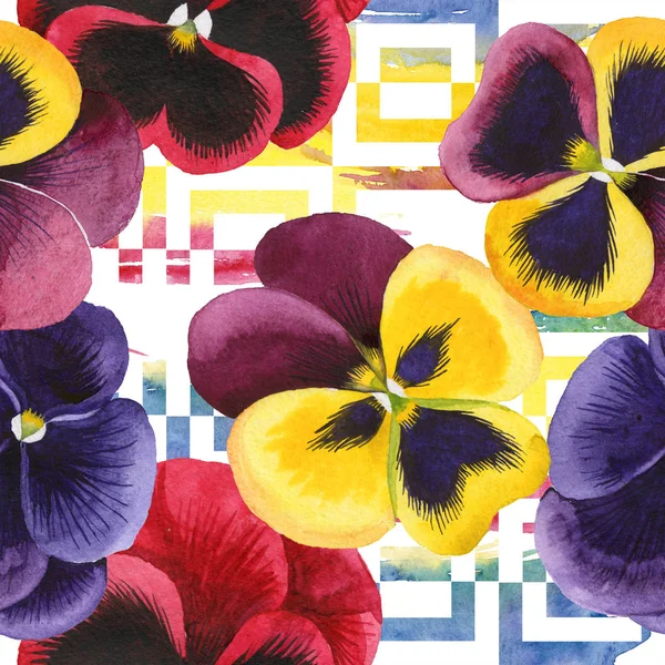 Watercolor colorful viola flower. Floral botanical flower. Seamless background pattern.