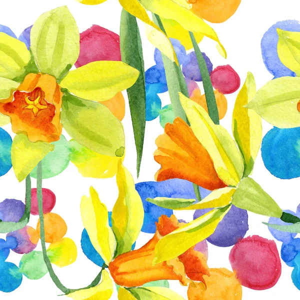 Watercolor yellow narcissus flower. Floral botanical flower. Seamless background pattern. — Stock Photo, Image