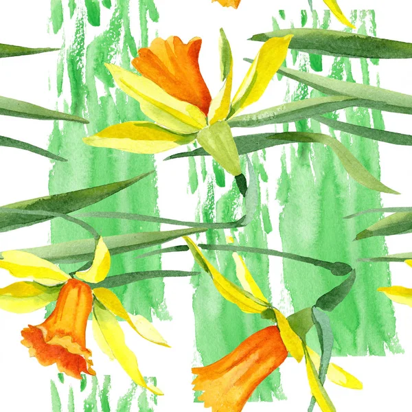 Aquarell gelbe Narzissenblüte. Blütenbotanische Blume. nahtloses Hintergrundmuster. — Stockfoto