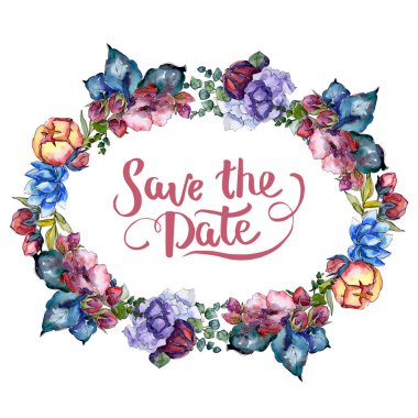 Sulu boya renkli buket çiçek. Botanik çiçek. Çerçeve kenarlığı süsleme Meydanı.