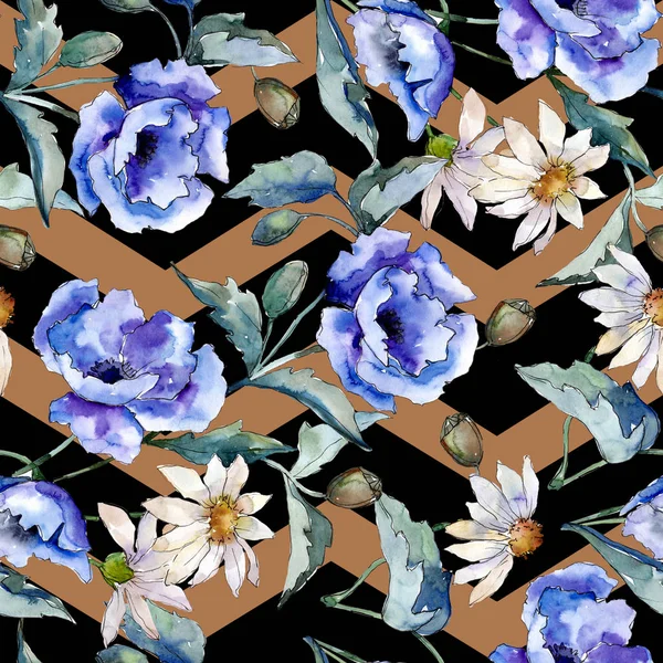 Vattenfärg blå bukett av vallmo blomma. Blommig botaniska blomma. Sömlös bakgrundsmönster. — Stockfoto