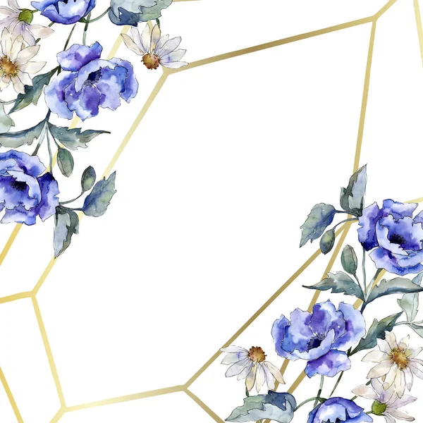 水彩蓝色花束的罂粟花。花卉植物花卉。框架边框装饰方形. — 图库照片