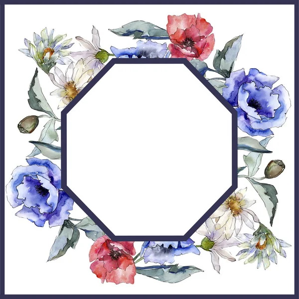 Aquarel blauw boeket van poppy bloem. Floral botanische bloem. Frame grens ornament vierkant. — Stockfoto