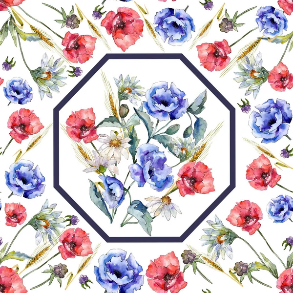 ケシの花の水彩画青のブーケ。花植物の花。フレーム枠飾りスクエア. — ストック写真