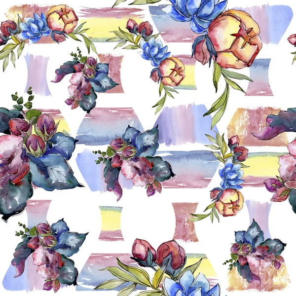 水彩のカラフルなブーケの花。花植物の花。シームレスな背景パターン. — ストック写真