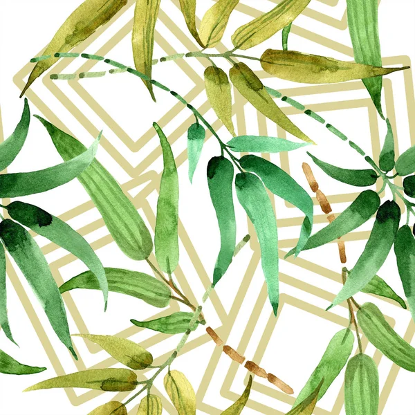 Bamboo green leaf. Leaf plant botanical garden floral foliage. Seamless background pattern.