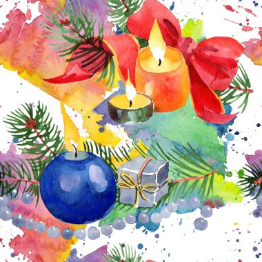 Christmas kış tatil mumlar ve Noel oyuncaklar izole bir suluboya tarzında. Sorunsuz arka plan deseni.