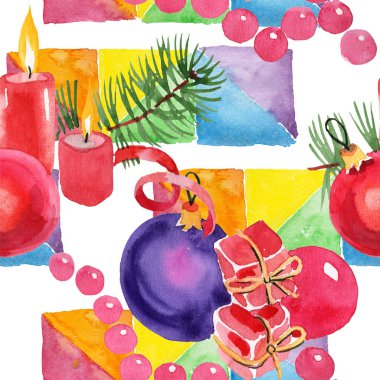 Christmas kış tatil mumlar ve Noel oyuncaklar izole bir suluboya tarzında. Sorunsuz arka plan deseni.
