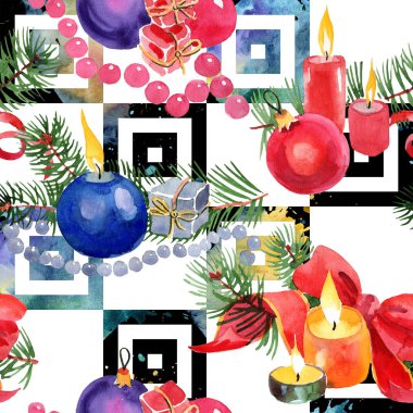 Christmas kış tatil mumlar ve Noel oyuncaklar izole bir suluboya tarzında. Sorunsuz arka plan deseni.