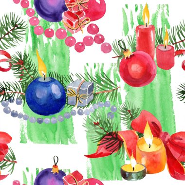 Christmas kış tatil mumlar ve Noel oyuncaklar izole bir suluboya tarzında. Sorunsuz arka plan deseni.