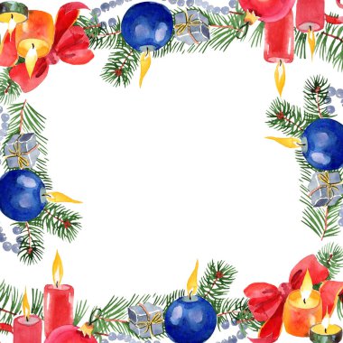 Christmas kış tatil mumlar ve Noel oyuncaklar izole bir suluboya tarzında. Çerçeve kenarlığı süsleme Meydanı.