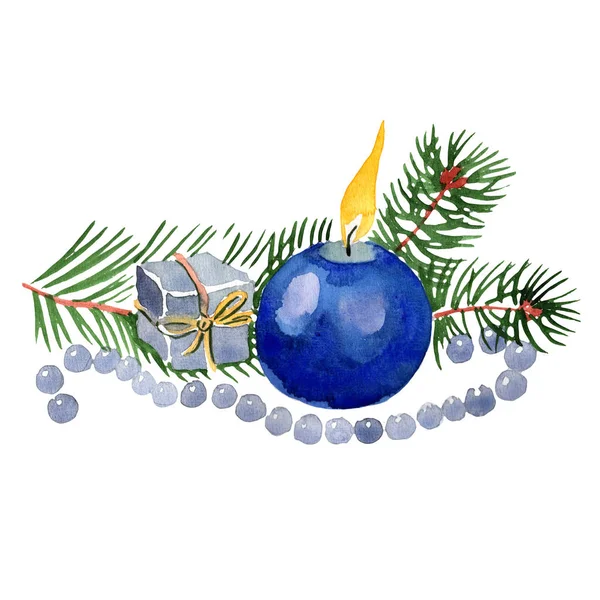 크리스마스 겨울 휴가 초 및 절연 수채화 스타일에서 크리스마스 장난감. — 스톡 사진
