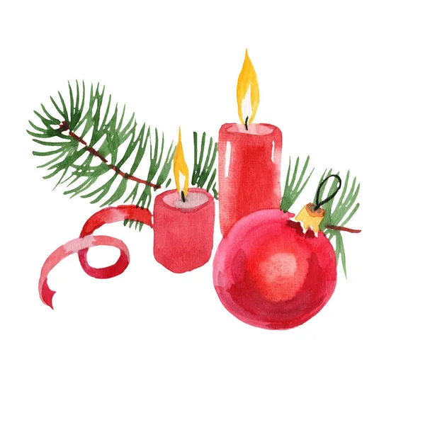 Navidad invierno vacaciones velas y juguetes de Navidad en un estilo de acuarela aislado . — Foto de Stock