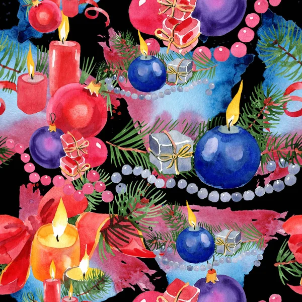 Svíčky vánoční zimní a vánoční hračky ve stylu akvarelu izolován. Vzor bezešvé pozadí. — Stock fotografie