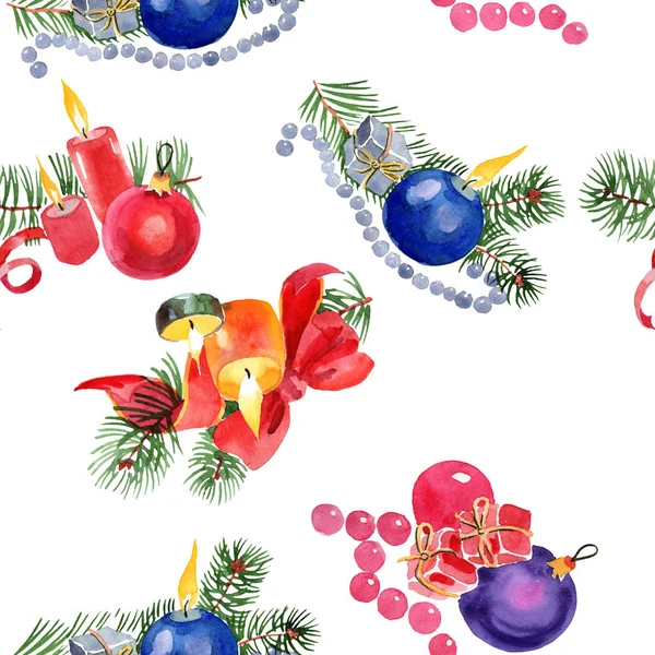 Рождественские зимние свечи и рождественские игрушки в акварельном стиле изолированы. Бесшовный рисунок фона . — стоковое фото