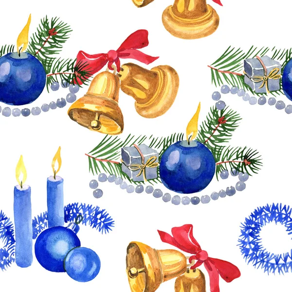 Kerst wintervakantie kaarsen en Kerstmis speelgoed in een aquarel stijl geïsoleerd. Naadloze achtergrondpatroon. — Stockfoto
