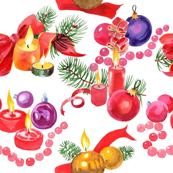 Téli üdülés karácsonyi gyertyák és karácsonyi játékok akvarell stílusú elszigetelt. Varratmentes háttérben minta. — Stock Fotó