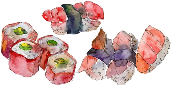 Akvarell sushi szett gyönyörű ízletes japán sushi szemléltetése. Kézzel rajzolt objektumok elszigetelt fehér background. — Stock Fotó