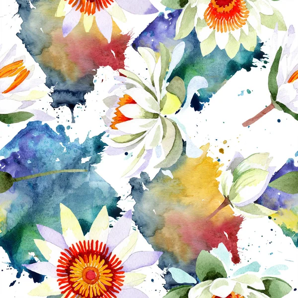 Akvarell, vit lotusblomma. Blommig botaniska blomma. Sömlös bakgrundsmönster. — Stockfoto