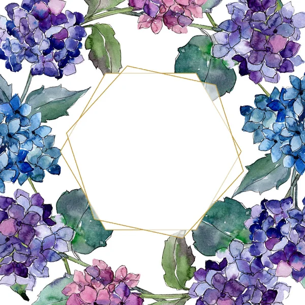 Aquarell lila Gortenzia Blume. Blütenbotanische Blume. Rahmen Rand Ornament Quadrat. — Stockfoto
