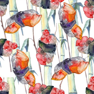 Güzel lezzetli Japon Suşi illüstrasyon suluboya suşi kümesi. Sorunsuz arka plan deseni.