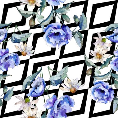 Suluboya mavi haşhaş çiçek buketi. Botanik çiçek. Sorunsuz arka plan deseni.
