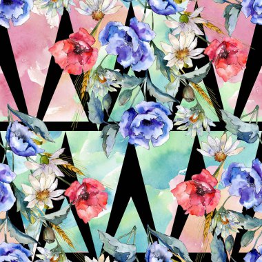 Suluboya mavi haşhaş çiçek buketi. Botanik çiçek. Sorunsuz arka plan deseni.