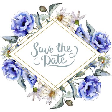 Suluboya mavi haşhaş çiçek buketi. Botanik çiçek. Çerçeve kenarlığı süsleme Meydanı.