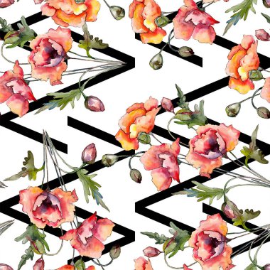 Haşhaş çiçek suluboya kırmızı buket. Botanik çiçek. Sorunsuz arka plan deseni.