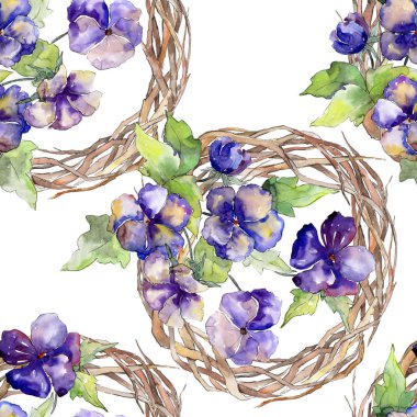 Viola çiçek suluboya mor buket. Botanik çiçek. Sorunsuz arka plan deseni.