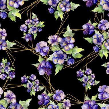 Viola çiçek suluboya mor buket. Botanik çiçek. Sorunsuz arka plan deseni.