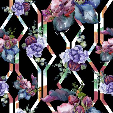 Sulu boya renkli buket çiçek. Botanik çiçek. Sorunsuz arka plan deseni.