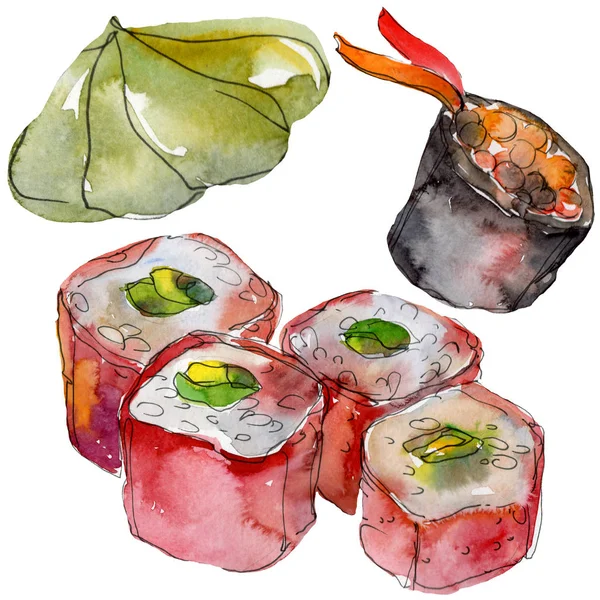 Ensemble de sushi aquarelle de belle illustration japonaise savoureuse de sushi. Objets dessinés à la main isolés sur fond blanc . — Photo