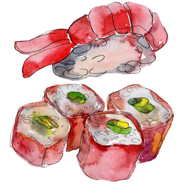 아름 다운 맛 있는 일본 스시 그림 수채화 초밥 세트. 손으로 그린 개체 흰색 배경 절연. — 스톡 사진