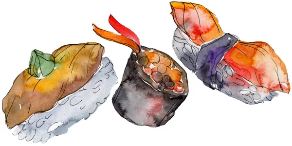 水彩寿司的美丽美味日本寿司插图集。孤立在白色背景上的手绘对象. — 图库照片
