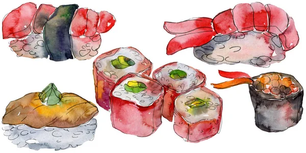 아름 다운 맛 있는 일본 스시 그림 수채화 초밥 세트. 손으로 그린 개체 흰색 배경 절연. — 스톡 사진