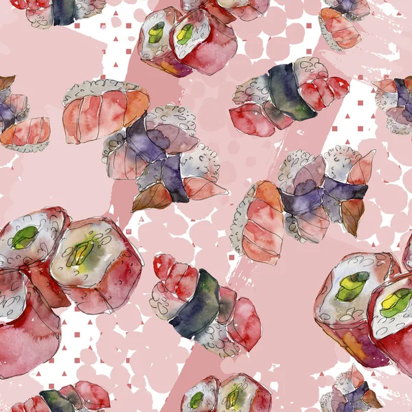 Conjunto de sushi acuarela de hermosa sabrosa ilustración de sushi japonés. Patrón de fondo sin costuras . — Foto de Stock