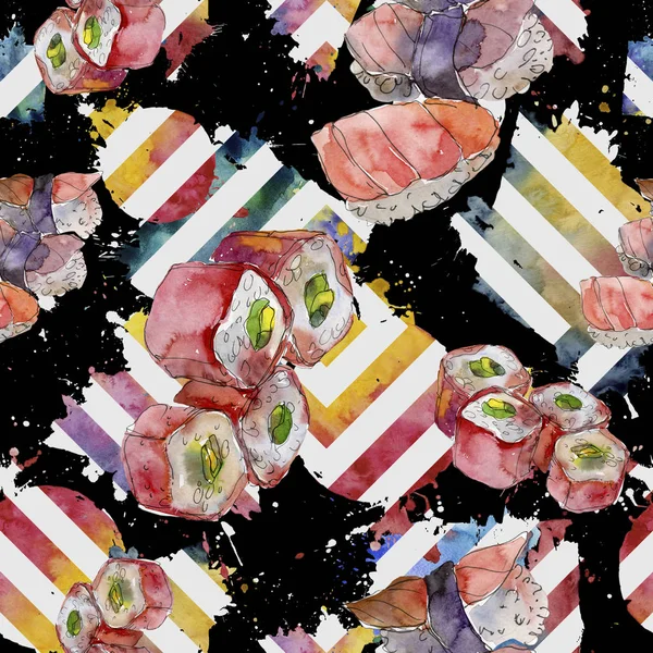 Conjunto de sushi acuarela de hermosa sabrosa ilustración de sushi japonés. Patrón de fondo sin costuras . — Foto de Stock