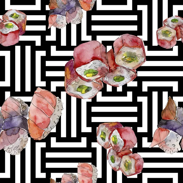 Conjunto de sushi acuarela de hermosa sabrosa ilustración de sushi japonés. Patrón de fondo sin costuras . —  Fotos de Stock