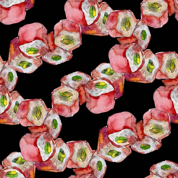 Conjunto de sushi aquarela de bela ilustração sushi japonês saboroso. Padrão de fundo sem costura . — Fotografia de Stock