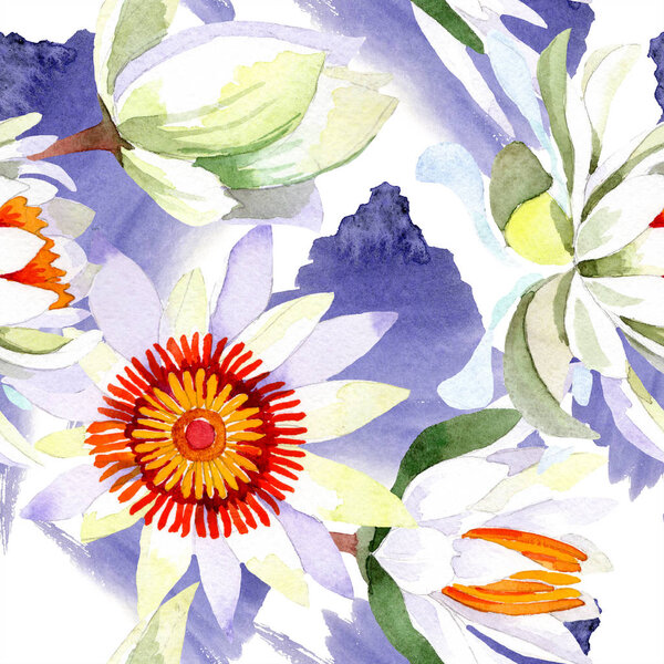 Акварель белый цветок лотоса. Цветочный ботанический цветок. Бесшовный рисунок фона
.