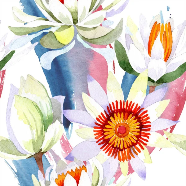 Akwarela biały lotus flower. Botaniczny kwiat kwiatowy. Bezszwowe tło wzór. — Zdjęcie stockowe