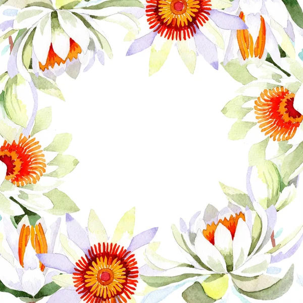 水彩白莲花。花卉植物花卉。框架边框装饰方形. — 图库照片