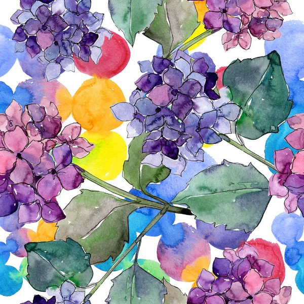 Watercolor purple gortenzia flower. Floral botanical flower. Seamless background pattern. — Stock Photo, Image