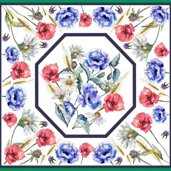 Aquarel blauw boeket van poppy bloem. Floral botanische bloem. Frame grens ornament vierkant. — Stockfoto